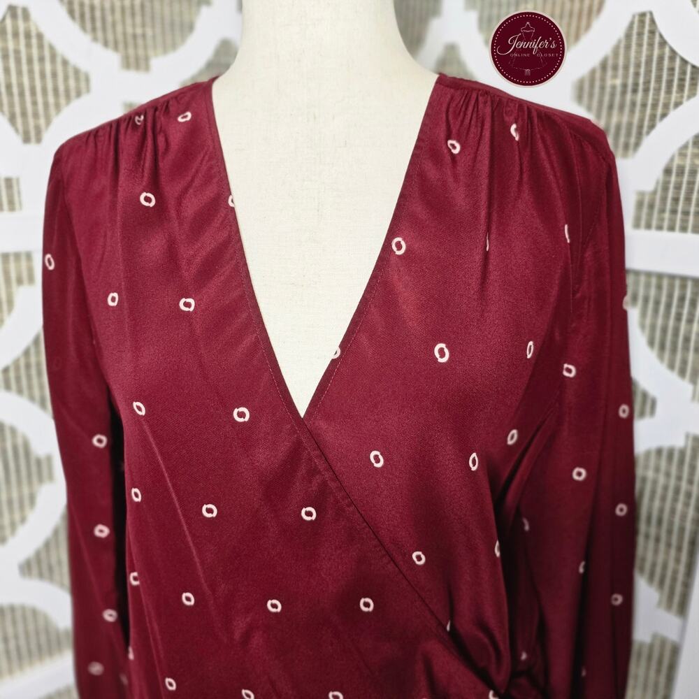 J. Crew Burgundy Maroon Wine Silk Long Sleeve Wrap Blouse Size Large - Picture 4 of 13